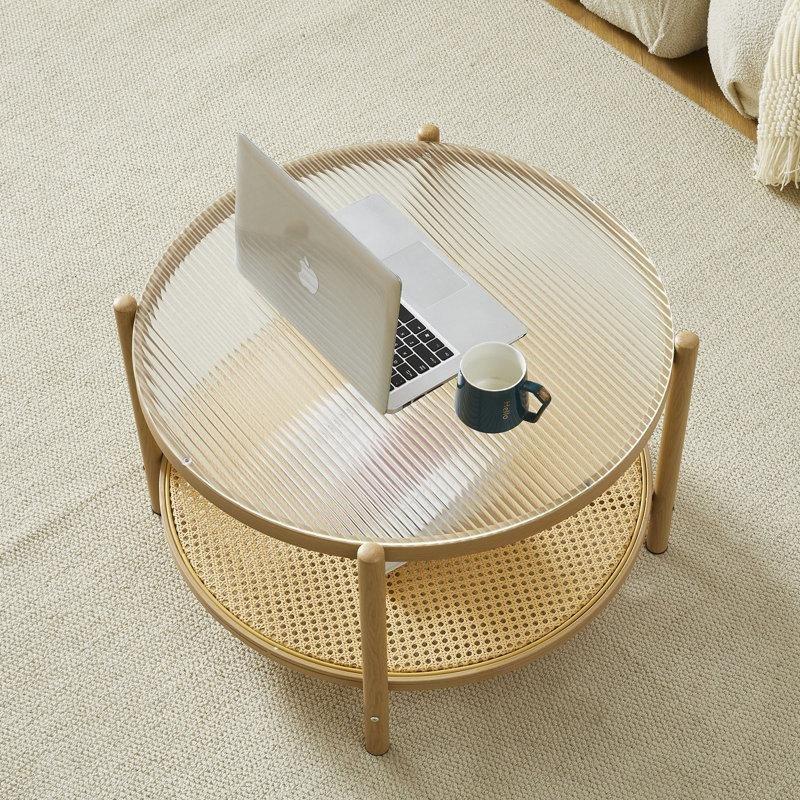 Yuvarlak Rattan Orta Sehpa 70 cm Dalgalı Cam Üstlü Gold Metal Ayaklı - 105409