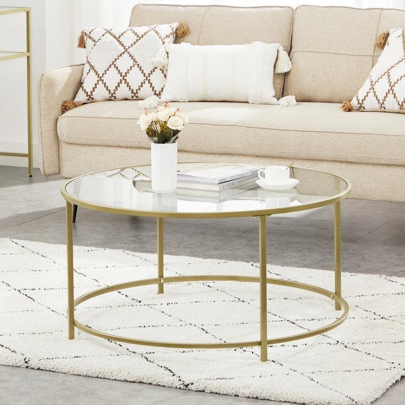 Yuvarlak Şeffaf Cam Gold Ayaklı Orta Sehpa 90x90x46 cm - 105520
