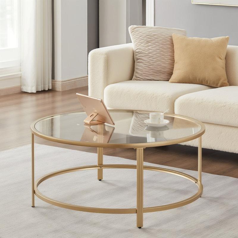 Yuvarlak Şeffaf Cam Orta Sehpa Gold Ayaklı 92 cm - 105562