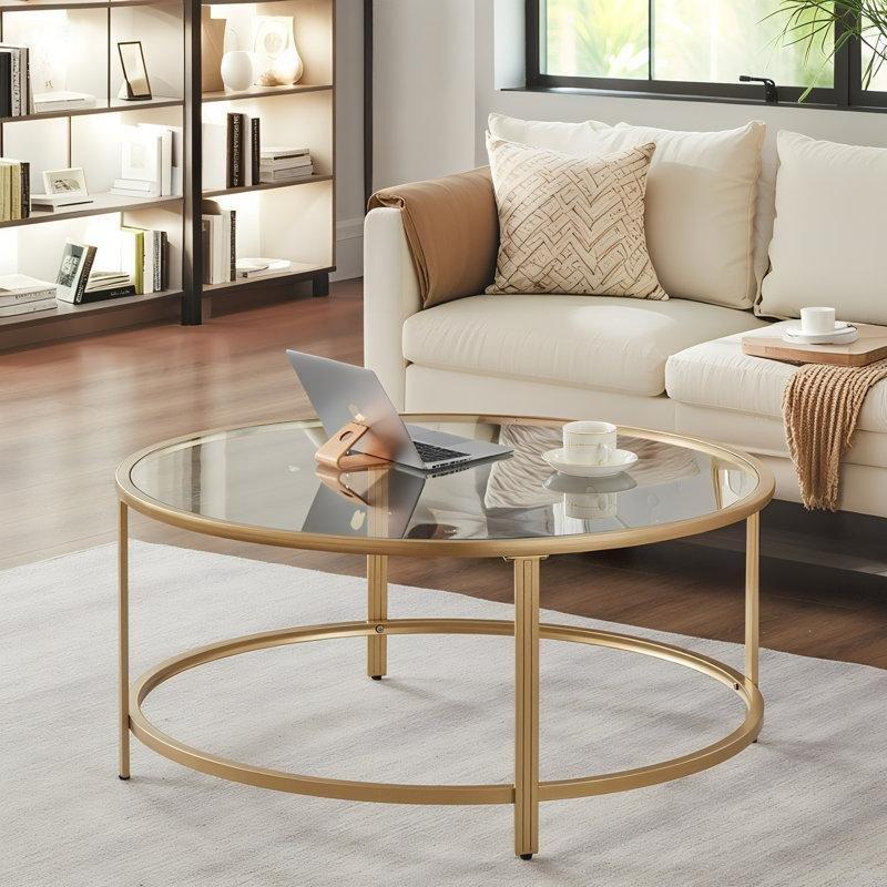 Yuvarlak Şeffaf Cam Orta Sehpa Gold Ayaklı 92 cm - 105562