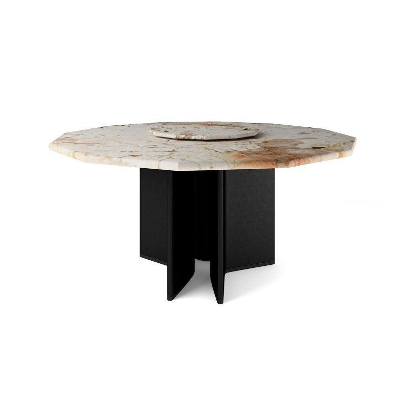 Yuvarlak Siyah Mermer Masa 152 cm Deri Kaplı Ahşap Ayaklı - 91771