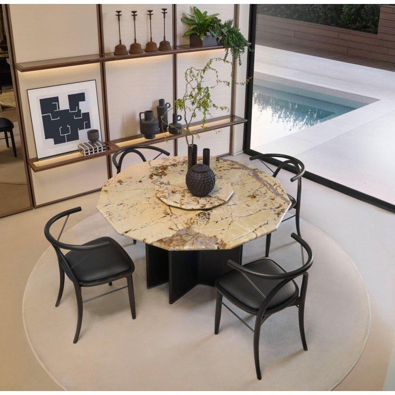 Yuvarlak Siyah Mermer Masa 152 cm Deri Kaplı Ahşap Ayaklı - 91771