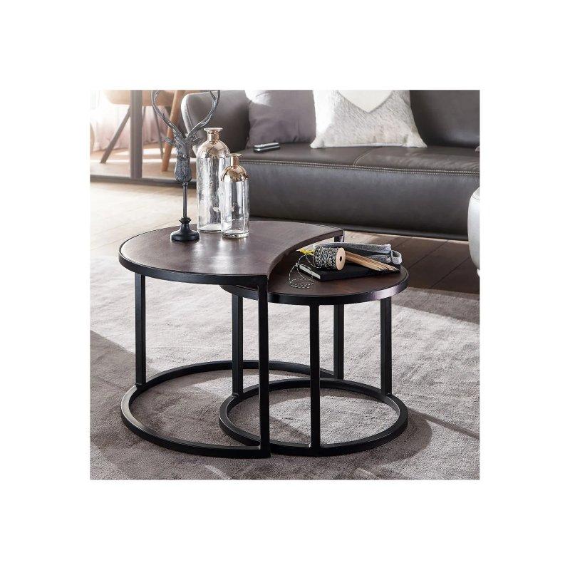 Yuvarlak Zigon Sehpa 60 cm Mango Ahşap Siyah Metal Ayaklı İkili Set - 106477