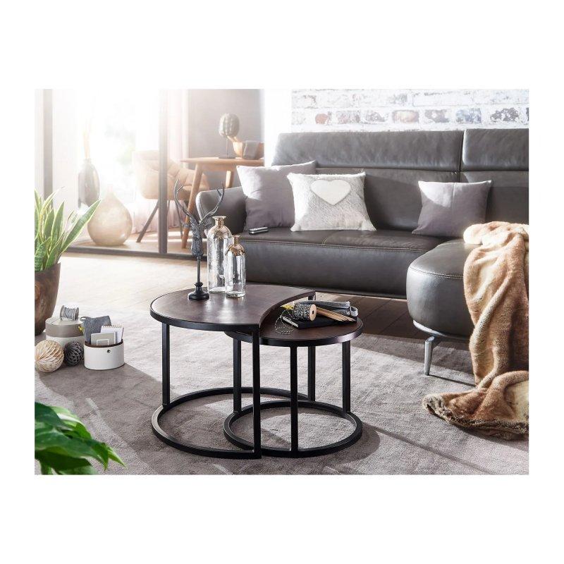 Yuvarlak Zigon Sehpa 60 cm Mango Ahşap Siyah Metal Ayaklı İkili Set - 106477