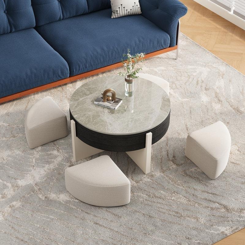 Yvelle Yapay Mermer Yuvarlak Puflu Orta Sehpa 80 cm, 4 Gizli Koltuğu ile - 104827