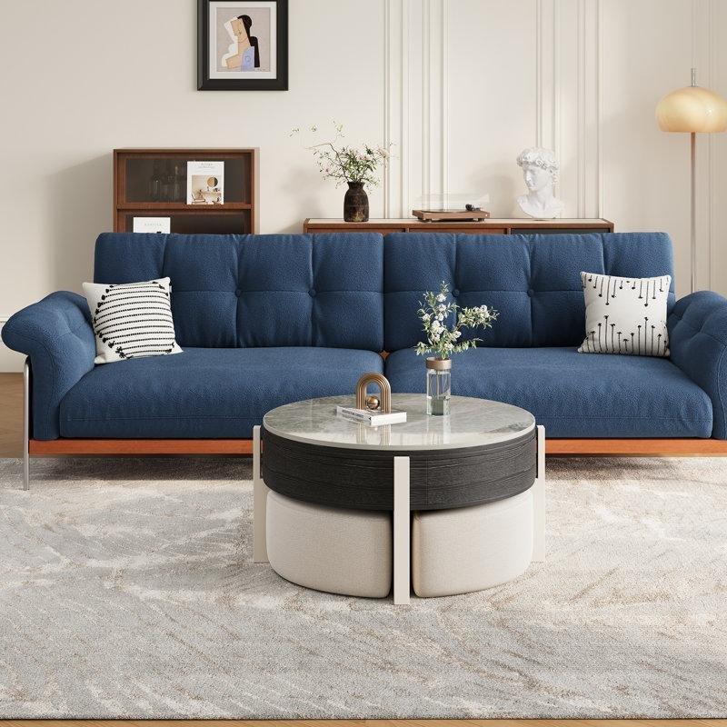 Yvelle Yapay Mermer Yuvarlak Puflu Orta Sehpa 80 cm, 4 Gizli Koltuğu ile - 104827