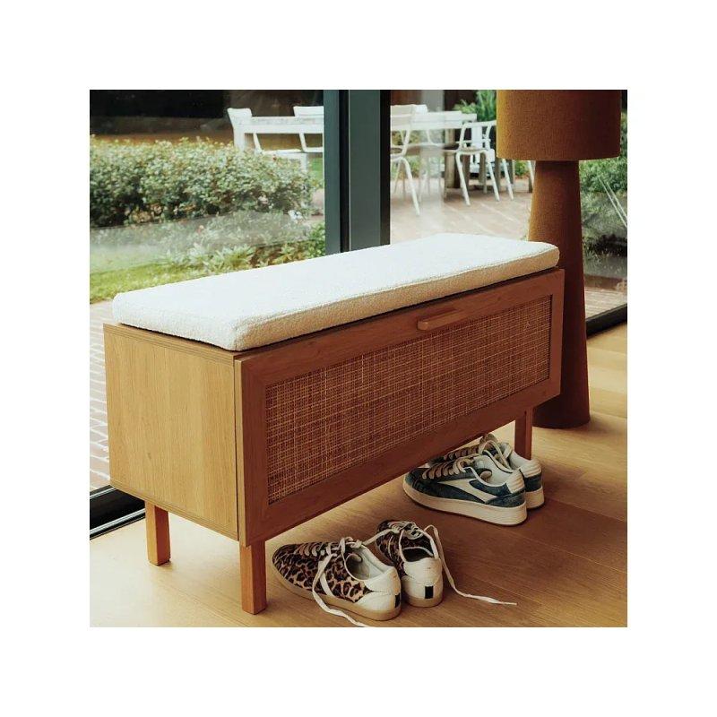 Açık Ahşap Hasırlı Minderli Düşer Kapaklı Ayakkabılık - 100x50 cm - 118411
