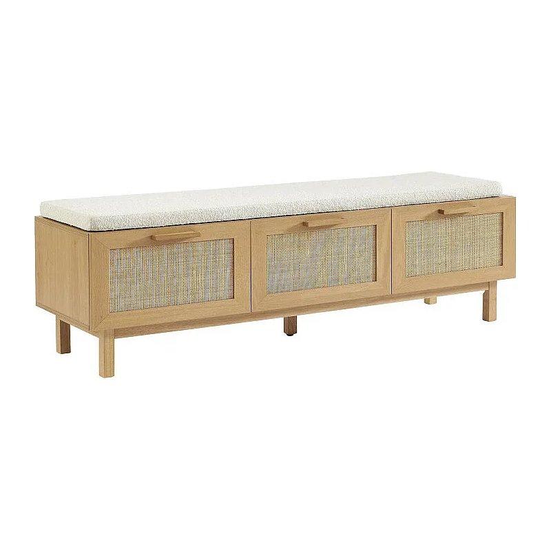 Açık Ahşap Masif ve Hasır Detaylı Minderli Bench Ayakkabılık - 140 cm - 118582