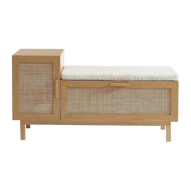Açık Ahşap Masif ve Hasır Örgü Minderli Oturaklı Ayakkabılık - 120x38x63 cm - 118543