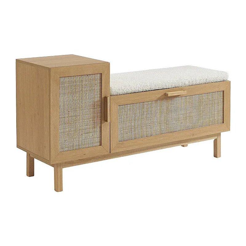 Açık Ahşap Masif ve Hasır Örgü Minderli Oturaklı Ayakkabılık - 120x38x63 cm - 118543