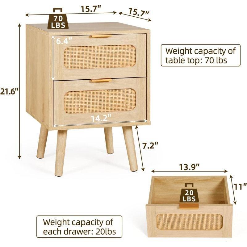 Açık Ahşap Rattan ve Masif Detaylı 2 Çekmeceli 2'li Set Komodin - 40x40x55 cm - 127148