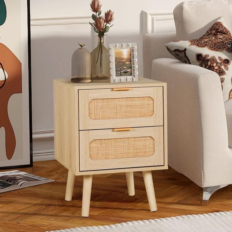 Açık Ahşap Rattan ve Masif Detaylı 2 Çekmeceli 2'li Set Komodin - 40x40x55 cm - 127148
