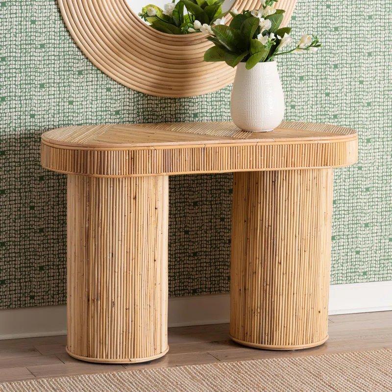 Açık Bal Rengi Ahşap İskeletli Oval Tasarım Rattan Dresuar - 109x51x64 cm - 132717