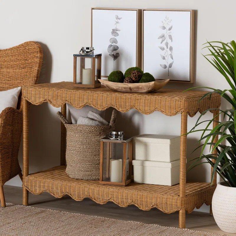 Açık Bal Rengi Doğal Rattan Dalgalı Kenarlı Alt Raflı Bohem Dresuar - 125x52x81 cm - 131547