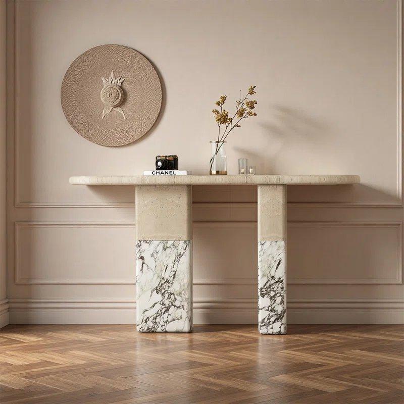 Açık Bej Mermer Oval Tasarım Dresuar - 120x40x85 cm - 132185