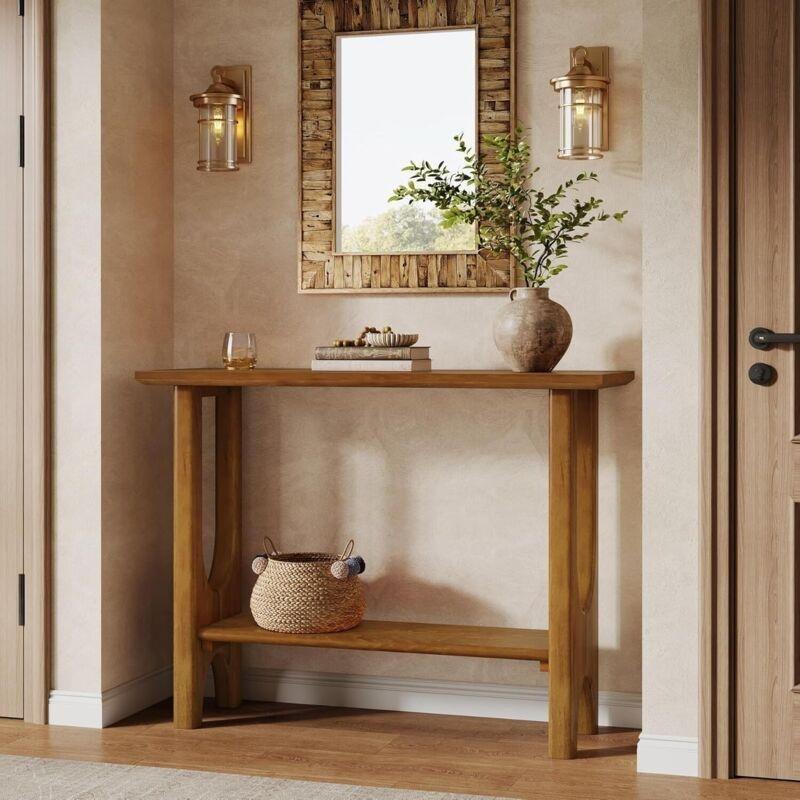 Açık Ceviz Masif Ahşap Ayaklı Alt Raflı Modern Dresuar - 105x35x80 cm - 134115