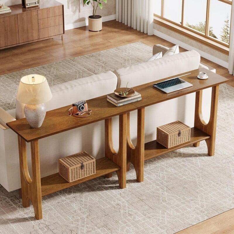 Açık Ceviz Masif Ahşap Ayaklı Alt Raflı Modern Dresuar - 105x35x80 cm - 134115
