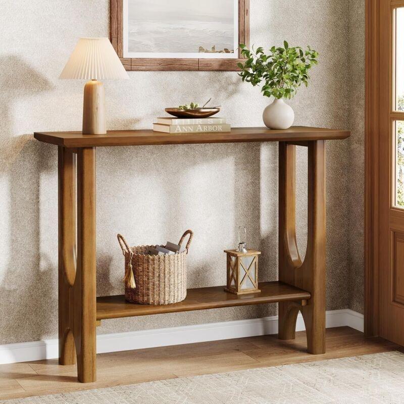 Açık Ceviz Masif Ahşap Ayaklı Alt Raflı Modern Dresuar - 105x35x80 cm - 134115