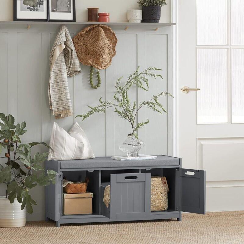 Açık Gri Endüstriyel Ahşap Minderli ve Sepetli Ayakkabılık Bench - 90x35x45 cm - 119574