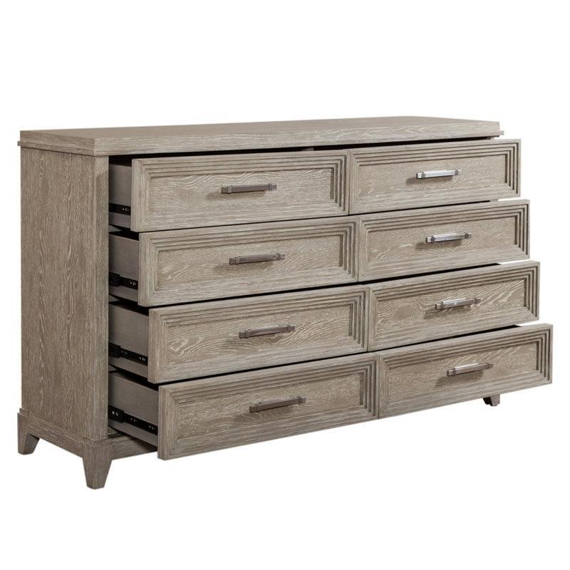 Açık Gri Masif Ahşap ve Meşe Kaplama 8 Çekmeceli Aynalı Şifonyer - 224x194 cm - 123912