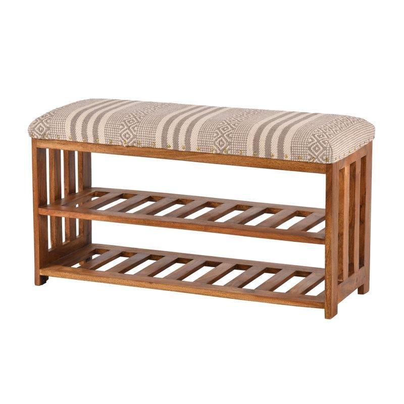 Açık Kahverengi Masif Akasya Ağacı Desenli Pamuklu Döşemeli Raflı Ayakkabılık Bench - 87x31x49 cm - 120625