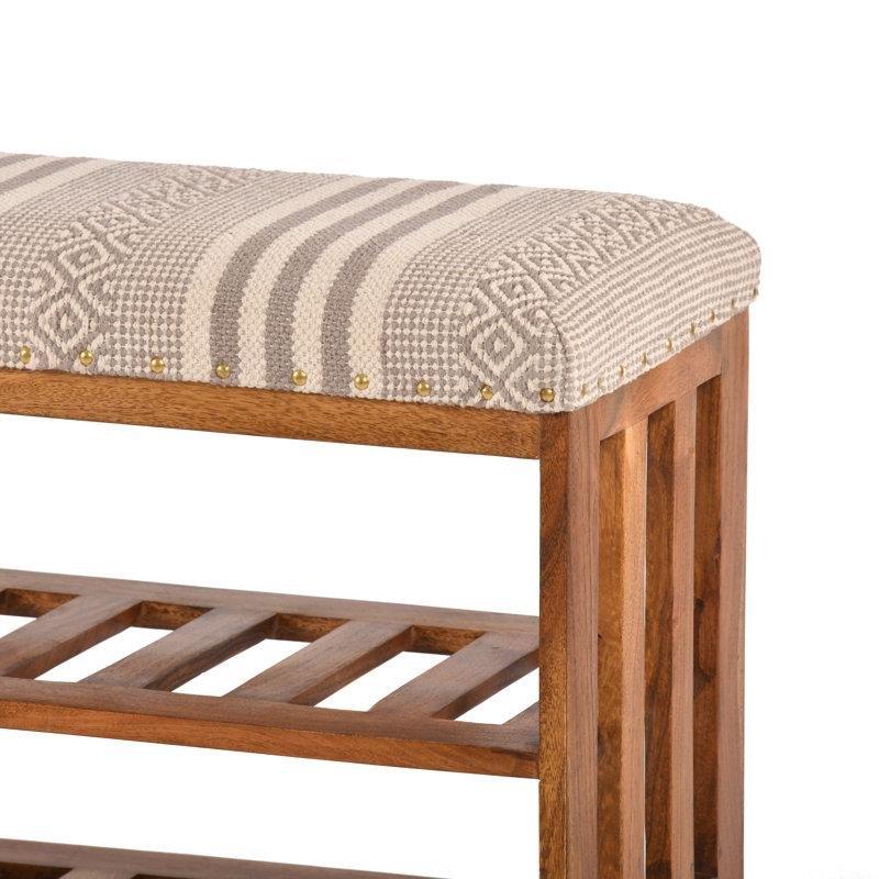 Açık Kahverengi Masif Akasya Ağacı Desenli Pamuklu Döşemeli Raflı Ayakkabılık Bench - 87x31x49 cm - 120625