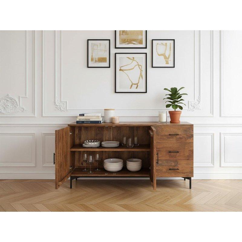 Açık Kahverengi Masif Mango Ağacı Siyah Metal Ayaklı 2 Kapaklı Konsol - 160x40x80 cm - 129439