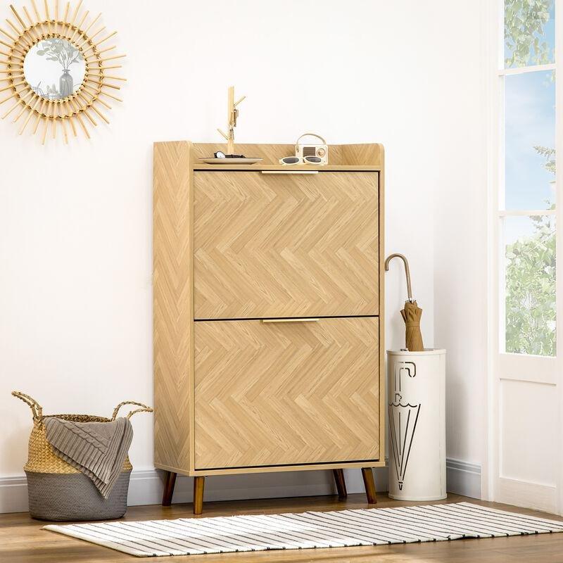 Açık Meşe Ahşap Balıksırtı Desenli 2 Düşer Kapaklı Dar Ayakkabılık - 70x30x120 cm - 119495