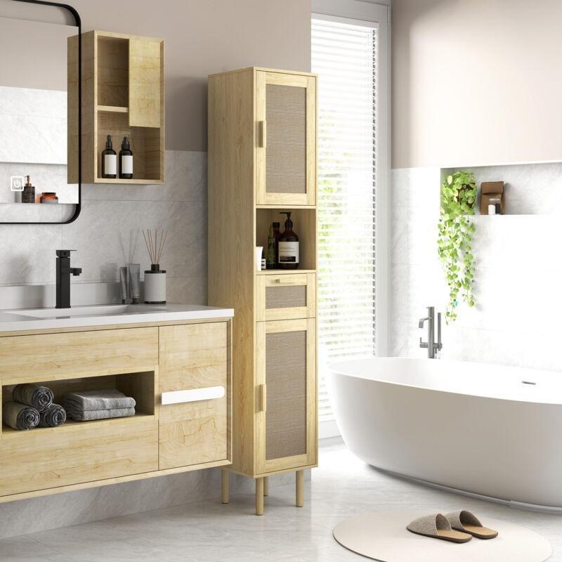 Açık Meşe Efektli Yonga Levha Hasır Kapaklı Raflı Hasır Banyo Dolabı-32x30x170 cm - 114260