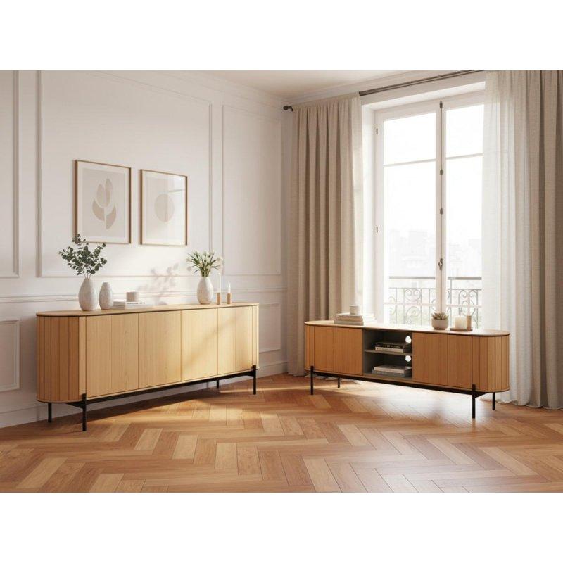 Açık Meşe Endüstriyel Ahşap Yivli Tasarım ve Siyah Metal Ayaklı Yuvarlak Hatlı Konsol - 200 cm - 129325