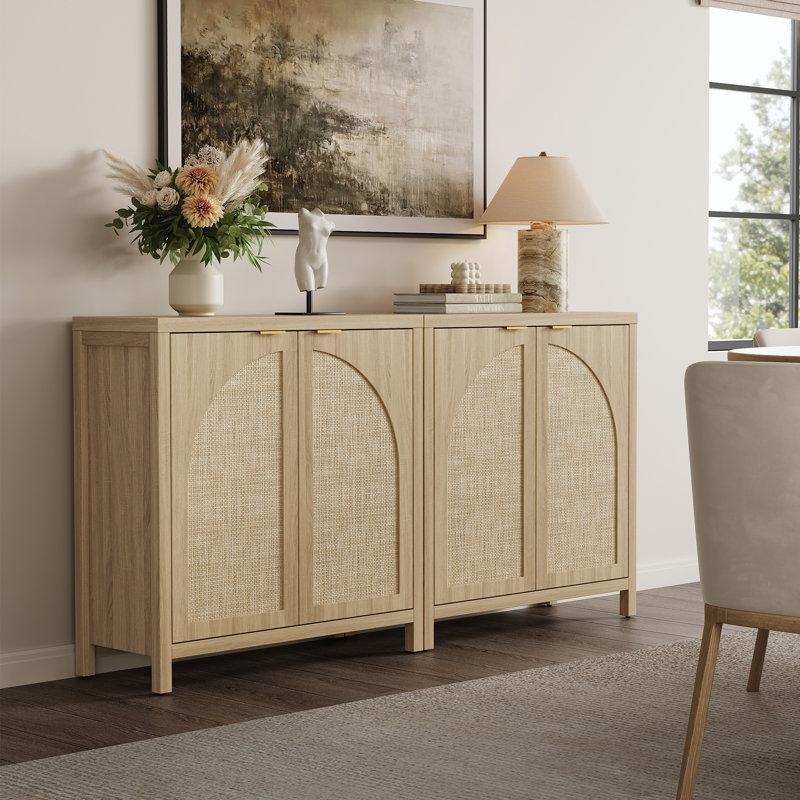 Açık Meşe Rattan Detaylı Endüstriyel Ahşap Ayarlanabilir Raflı Bohem Konsol - 87x90 cm - 128968