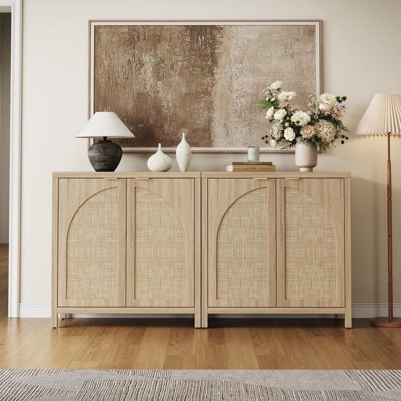 Açık Meşe Rattan Detaylı Endüstriyel Ahşap Ayarlanabilir Raflı Bohem Konsol - 87x90 cm - 128968