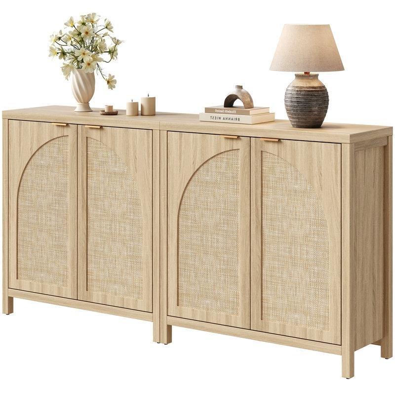 Açık Meşe Rattan Detaylı Endüstriyel Ahşap Ayarlanabilir Raflı Bohem Konsol - 87x90 cm - 128968