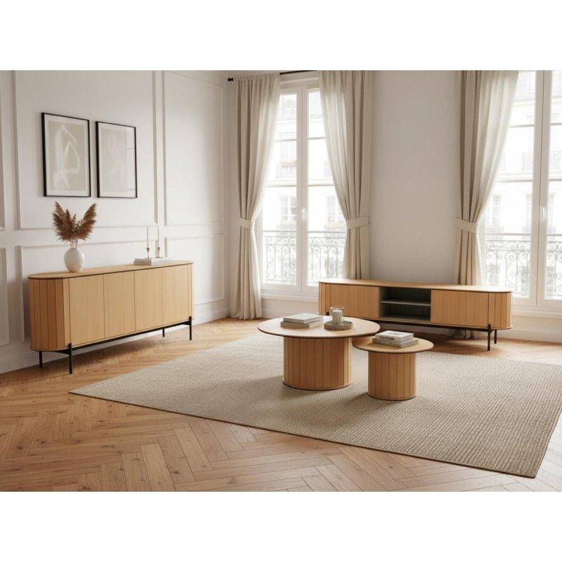 Açık Meşe Rengi Metal Ayaklı Çizgili Kapak Tasarımlı Yuvarlak Hatlı Konsol - 200 cm - 129380