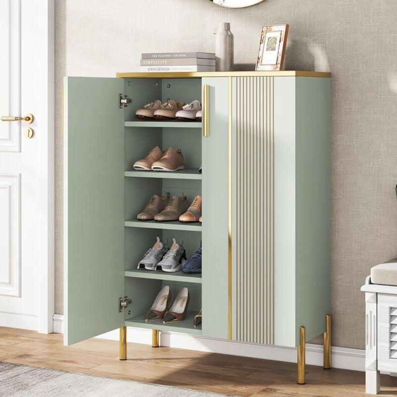 Açık Yeşil Ahşap Gold Detaylı 6 Raflı Kapaklı Ayakkabılık - 70x35x100 cm - 120427