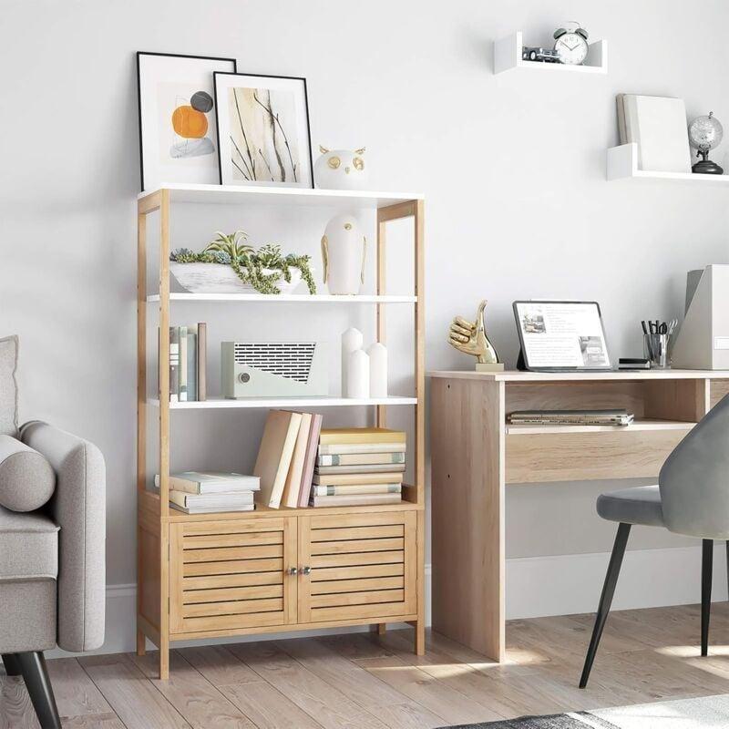 Ahşap Beyaz Bambu Raflı Banyo Dolabı-70x30x120 cm - 113801