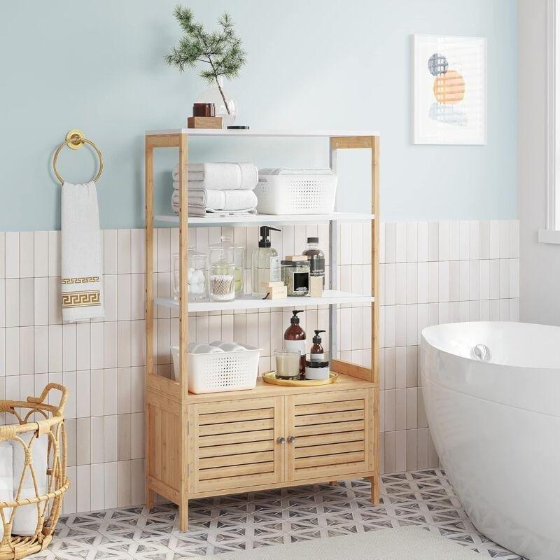 Ahşap Beyaz Bambu Raflı Banyo Dolabı-70x30x120 cm - 113801