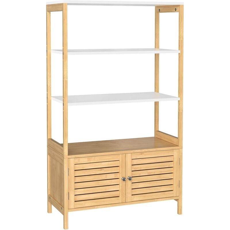 Ahşap Beyaz Bambu Raflı Banyo Dolabı-70x30x120 cm - 113801