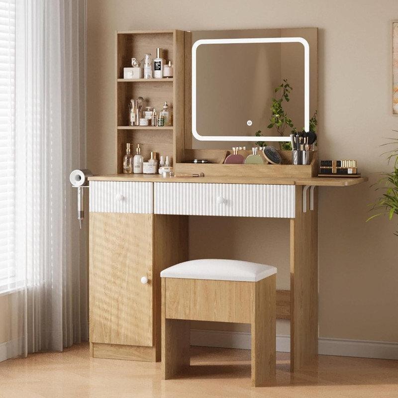 Ahşap Beyaz Endüstriyel Ahşap LED Işıklı Prizli ve Sandıklı Puflu Makyaj Masası - 112x39x140 cm - 121510