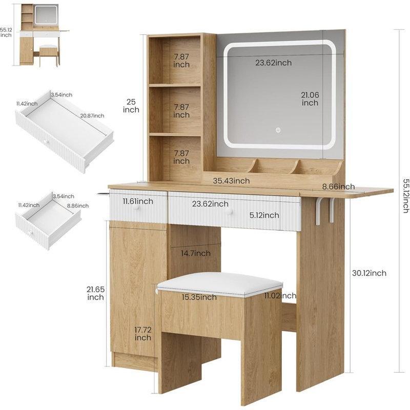 Ahşap Beyaz Endüstriyel Ahşap LED Işıklı Prizli ve Sandıklı Puflu Makyaj Masası - 112x39x140 cm - 121510