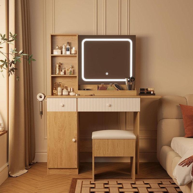 Ahşap Beyaz Endüstriyel Ahşap LED Işıklı Prizli ve Sandıklı Puflu Makyaj Masası - 112x39x140 cm - 121510