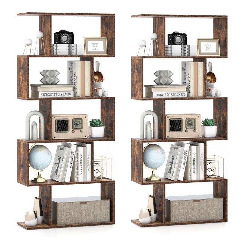 Ahşap Desenli Endüstriyel Ahşap 5 Raflı Geometrik 2li Set Kitaplık - 159x70 cm - 142072