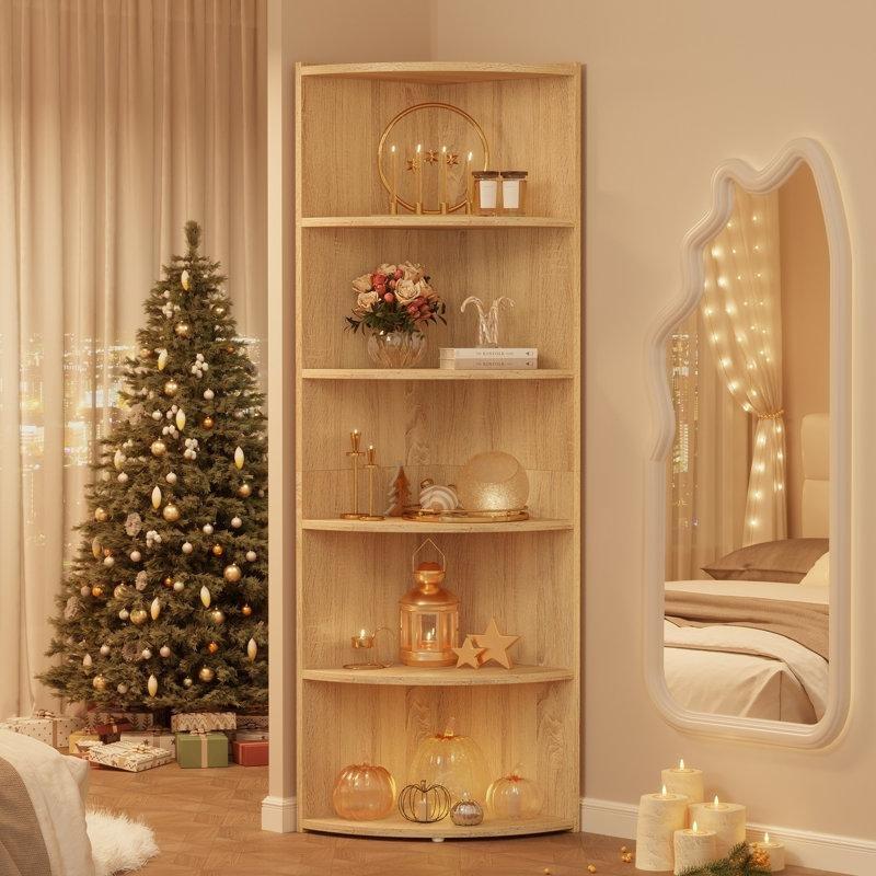 Ahşap Desenli MDF 6 Raflı Yelpaze Tasarım Köşe Kitaplık - 170x44 cm - 141943
