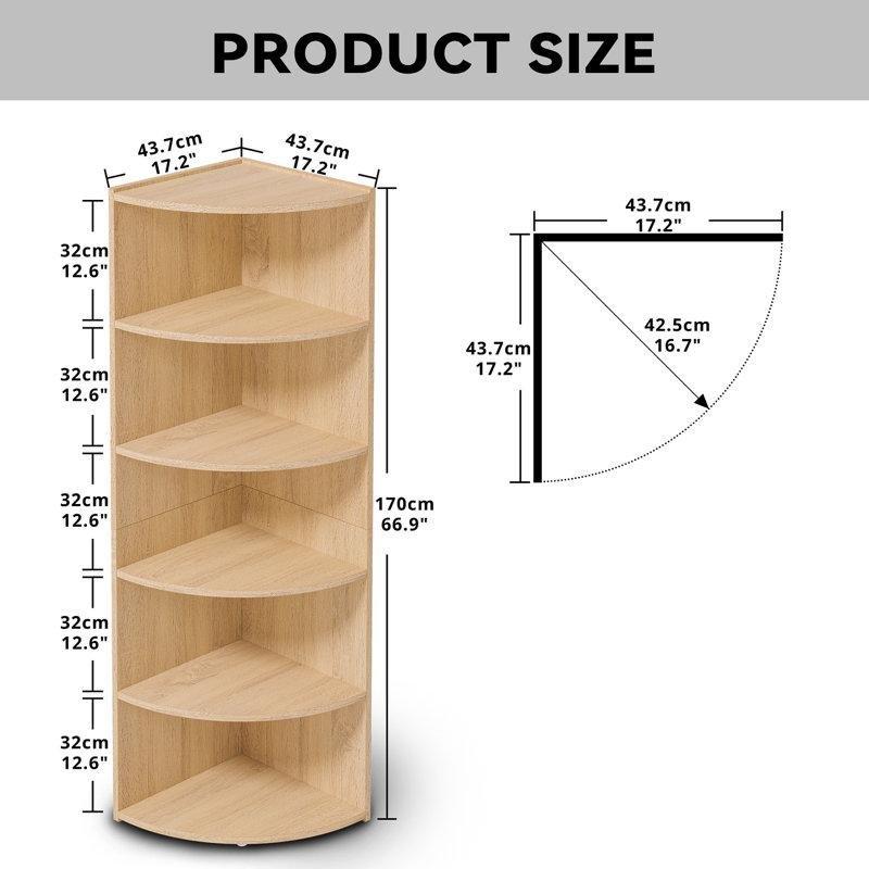 Ahşap Desenli MDF 6 Raflı Yelpaze Tasarım Köşe Kitaplık - 170x44 cm - 141943