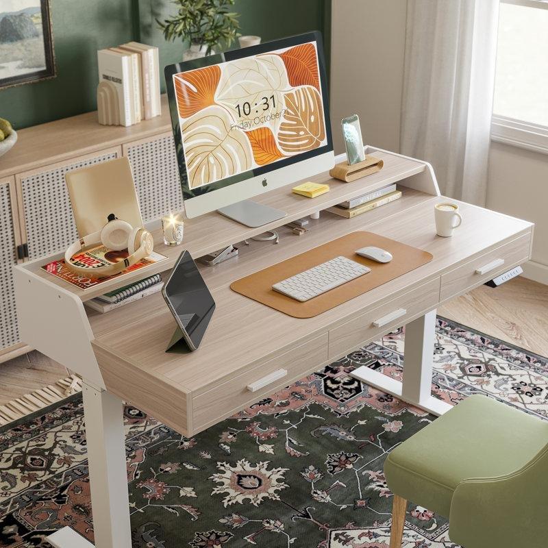 Ahşap Elektrikli Ayarlanabilir Çekmeceli Bilgisayar Masası-140x66 cm - 116418