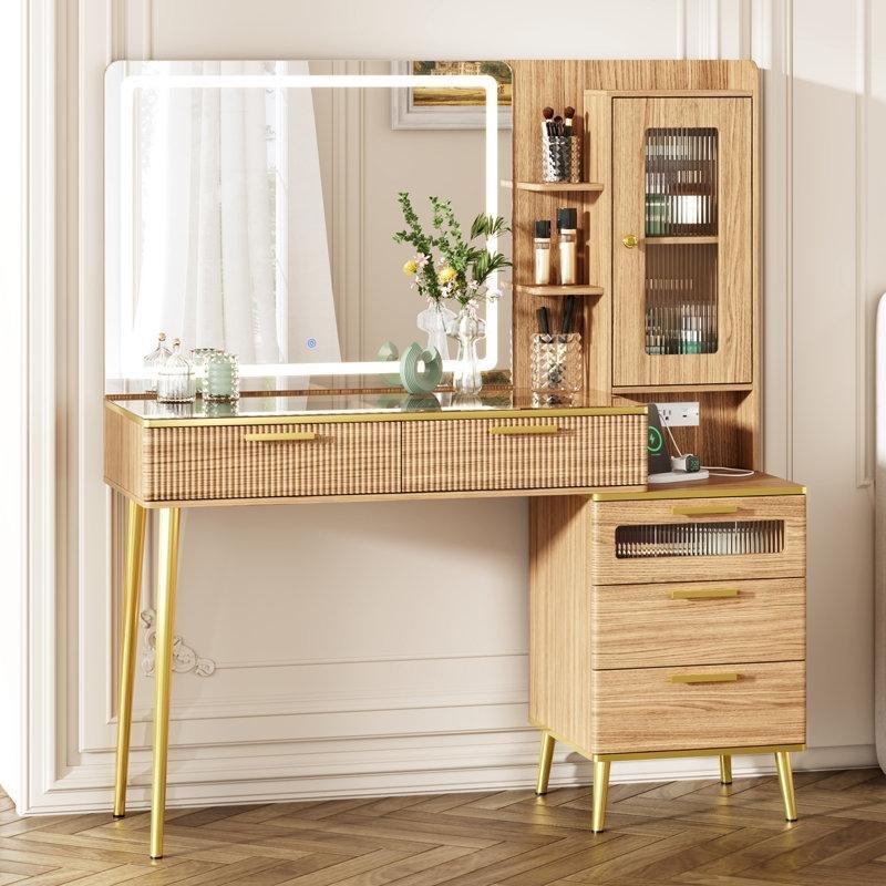 Ahşap Görünümlü MDF LED Işıklı ve Şarj İstasyonlu Makyaj Masası - 120x40x136 cm - 121594