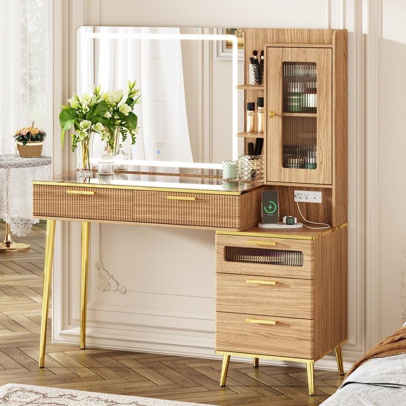 Ahşap Görünümlü MDF LED Işıklı ve Şarj İstasyonlu Makyaj Masası - 120x40x136 cm - 121594