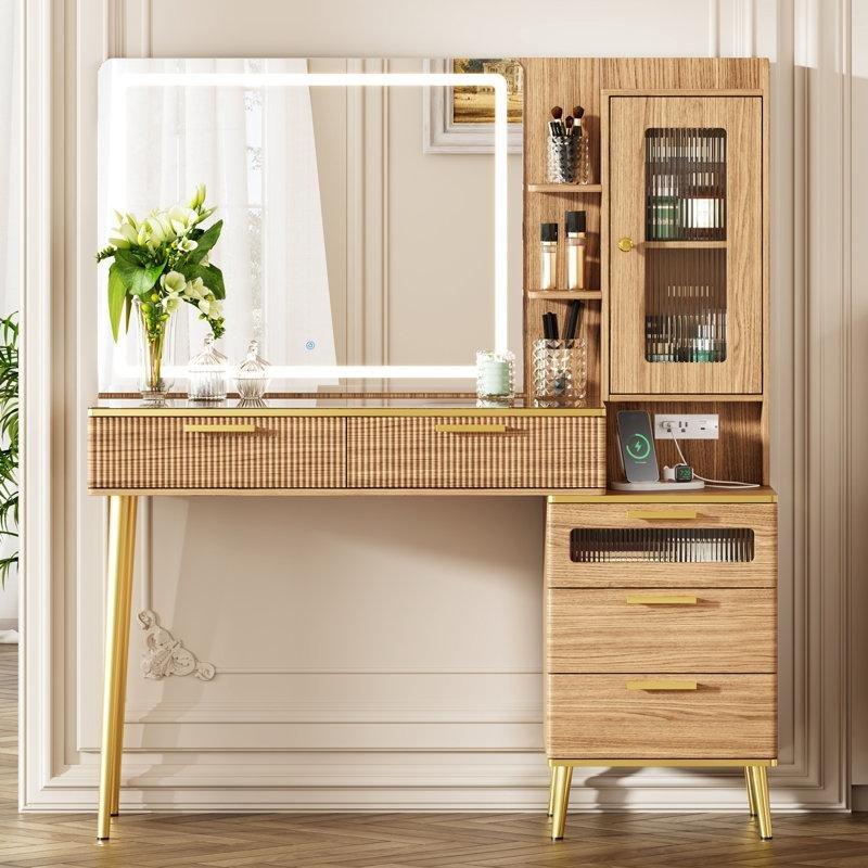 Ahşap Görünümlü MDF LED Işıklı ve Şarj İstasyonlu Makyaj Masası - 120x40x136 cm - 121594