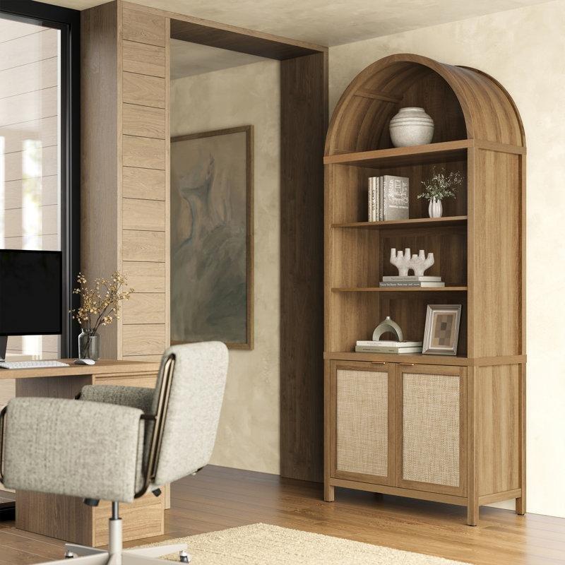 Ahşap Hasırlı Kemerli Tasarım Rose Gold Kulplu Kapaklı Kitaplık - 214x91 cm - 141352