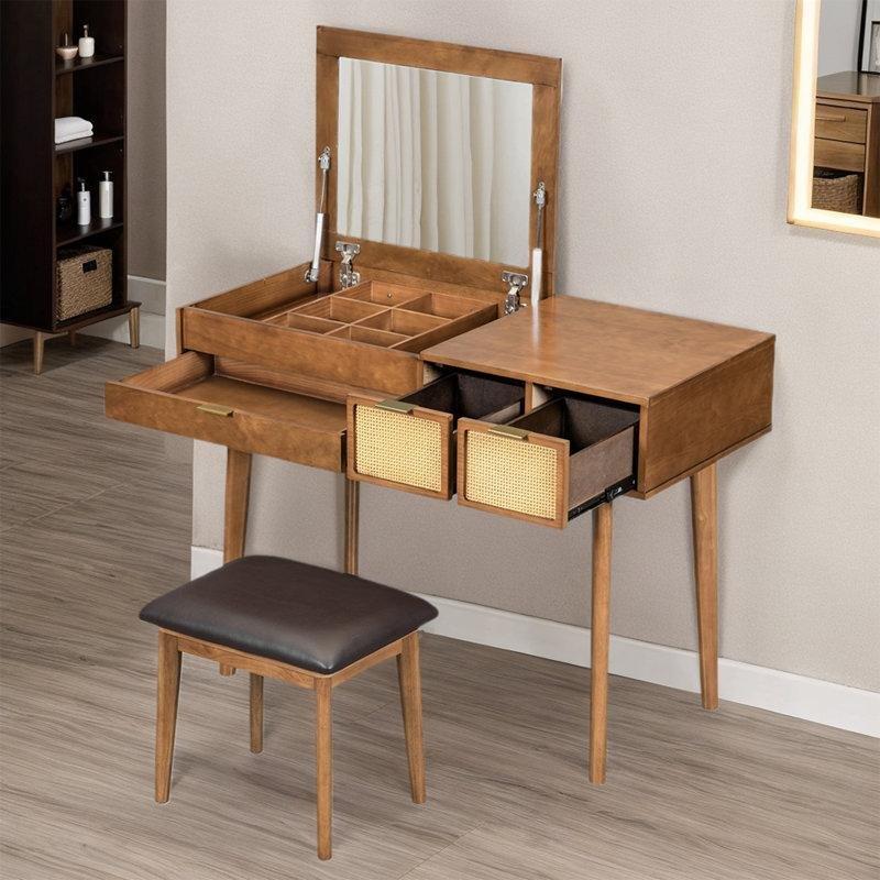 Ahşap Masif ve Rattan Detaylı Gizli Aynalı Çekmeceli Makyaj Masası - 111 cm - 121471